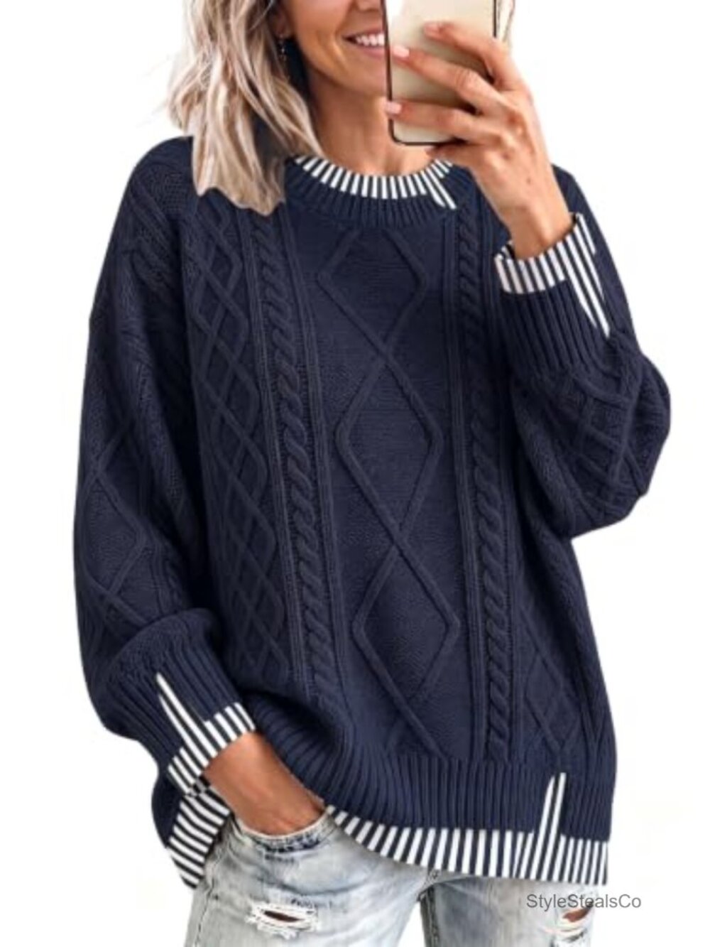 Women's Oversized Cable Knit Sweater Chunky Crew Neck Pullover